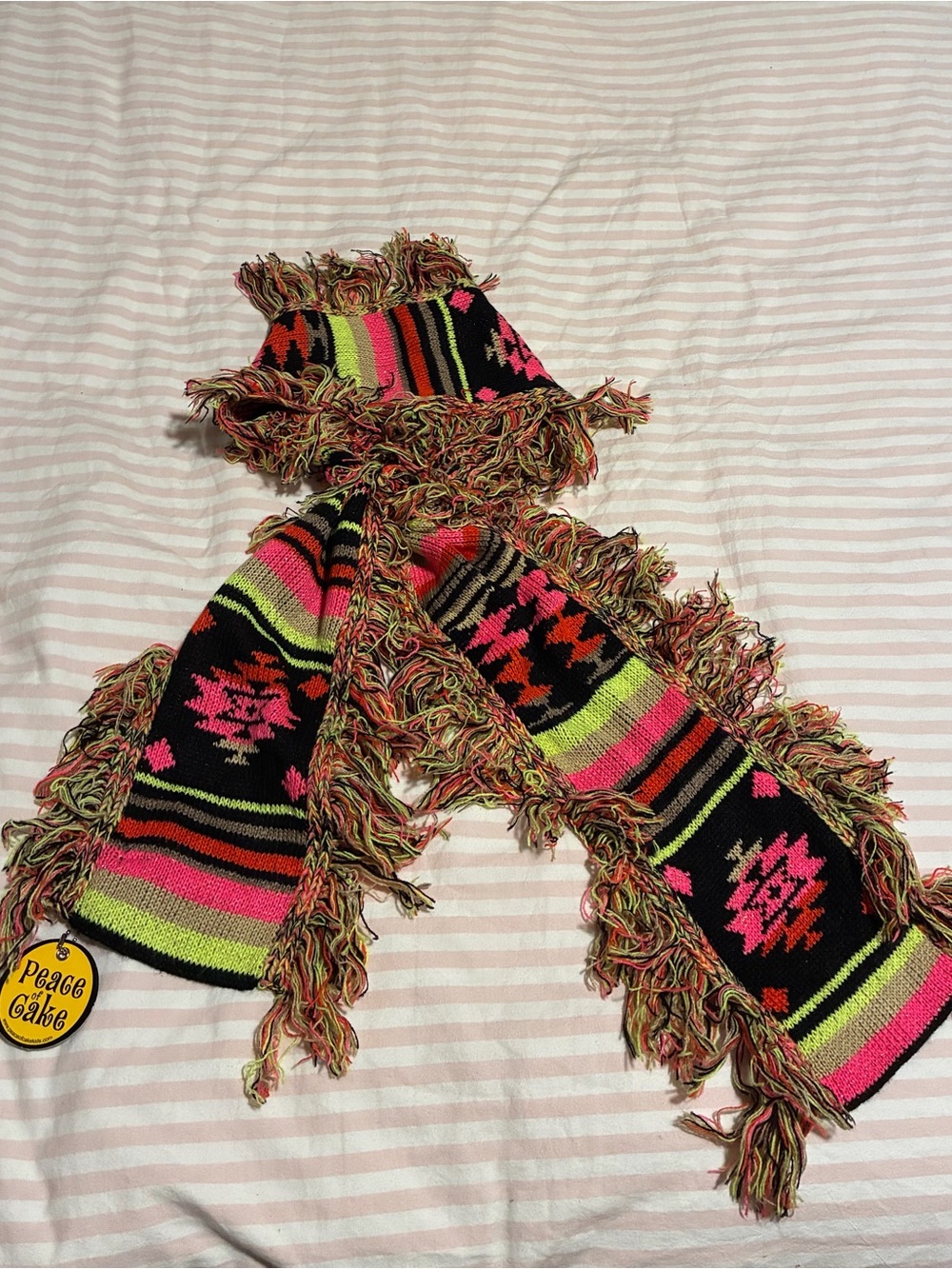 Kids Black Multicolor Fringe Knit Scarf - Playful Pink & Lime Stripes